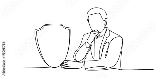 A continuous line drawing of a business professional sitting beside a protective metal shield