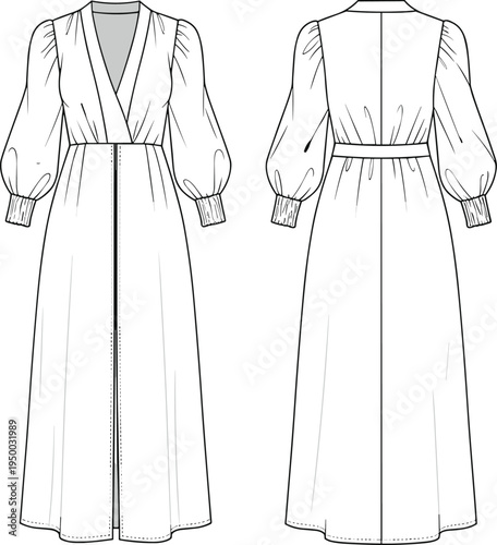 Long sleeve wrap dress technical sketch, fashion design flat, maxi dress with belt, balloon sleeves, vector illustration front back view