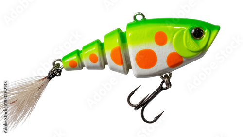Foto Isolated vibrant segmented fishing lure with orange spots and feather tail, angl
