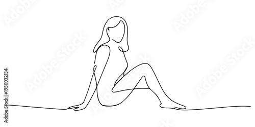 Minimalist continuous line drawing of a woman sitting down in a relaxed and graceful posture pose