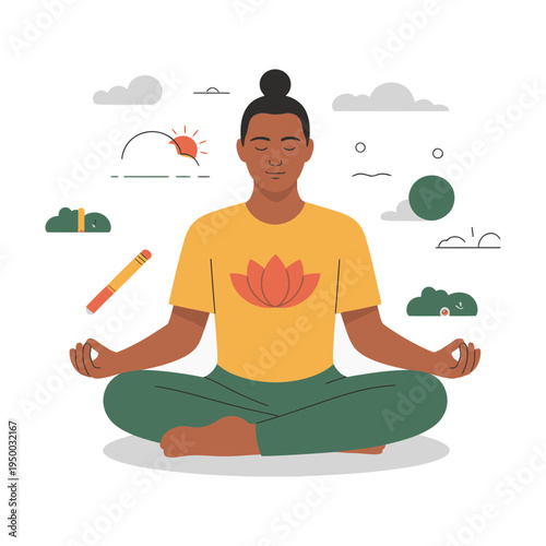 Vector of a man meditating in a peaceful environment with lotus design on shirt