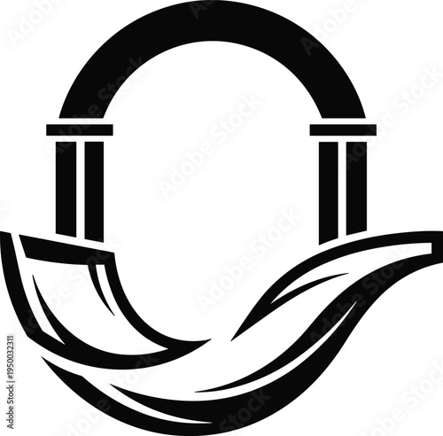 Arch bridge with flowing water icon, infrastructure river crossing symbol, transportation architecture design, urban engineering vector illustration