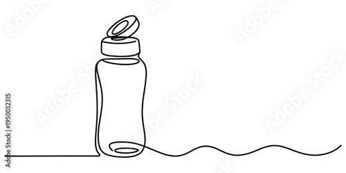 A single continuous line drawing of a reusable sports water bottle with an open flip top lid cap