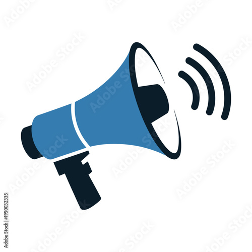 Blue vector megaphone broadcasting sound waves against a white background.