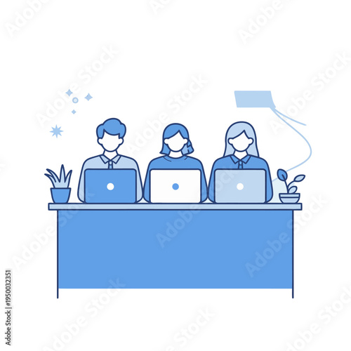 Vector of three professionals working together on laptops at a shared desk
