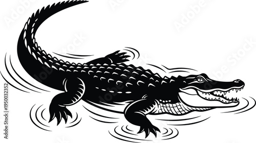 Alligator crocodile swimming illustration, wild reptile predator silhouette, dangerous river animal icon, wildlife nature vector design isolated