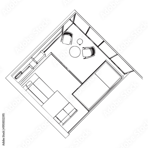 Black and white floor plan of a small apartment with a bedroom and bathroom apartment layout