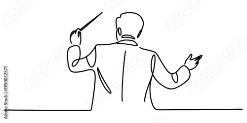 A continuous line drawing of a musical conductor leading an orchestra with a baton in his hand