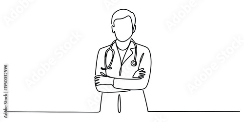 A single continuous line drawing of a male doctor standing with his arms crossed over his chest