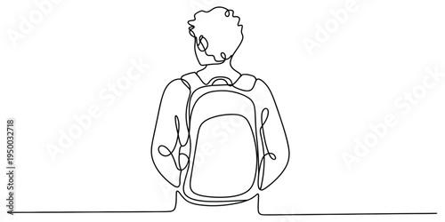 Continuous line drawing of a young student wearing a backpack while looking away from the camera