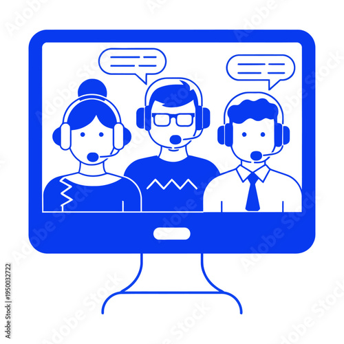 Three customer support agents wearing headsets are assisting clients on a vector computer screen.