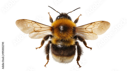 Isolated fuzzy bumblebee, a common insect with translucent wings and fluffy body