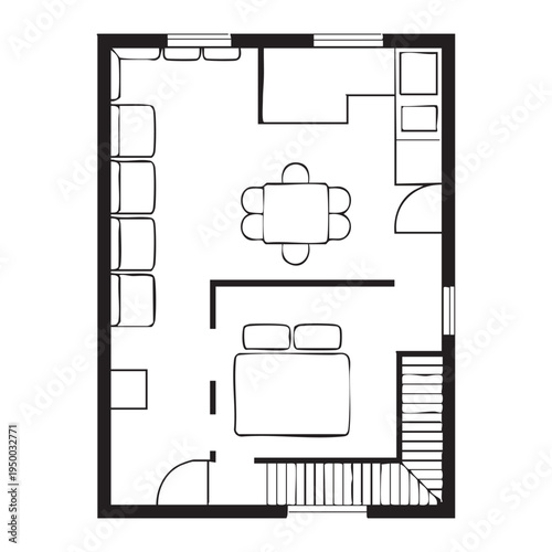 Black and white floor plan of a small apartment with a bedroom, living area, and kitchen