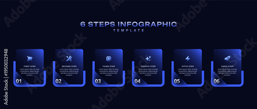 Dark Tech Liquid Glassmorphism Infographic Vector, 6 Step Workflow Flowchart with Icons and Numbers for Business Pitch Deck, Presentation Layout, Banner Background, and Data Visualization