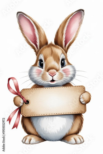 Cute brown bunny holding blank tag with ribbon for gift label sign easter sale card and product tag design in realistic adorable style