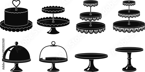 Cake stand and dessert display set, bakery pastry serving trays collection, wedding party food presentation vector illustration