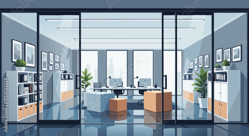 Modern Office Interior Vector Illustration with Desks, Chairs, and Shelving