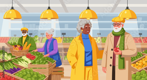 Elderly couple happily shopping for fresh produce in a vibrant grocery store, vector illustration