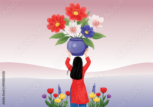 A beautiful vector illustration of a woman holding a vase of vibrant flowers, surrounded by a field of blossoms and a serene gradient sky