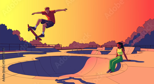 Energetic vector illustration of a skateboarder performing a trick in a skatepark at sunset with a spectator enjoying the view