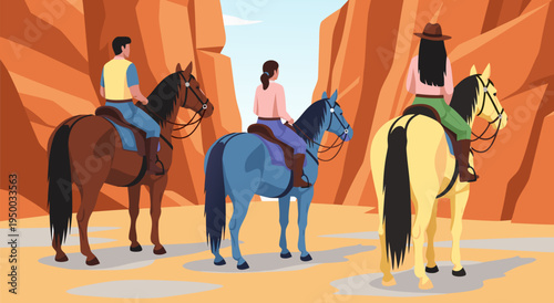 Western adventure vector illustration of three people riding horses through a canyon landscape