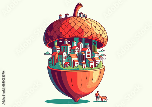 Whimsical Vector Illustration of a Tiny City Nestled Inside a Giant Acorn with a Person and Dog