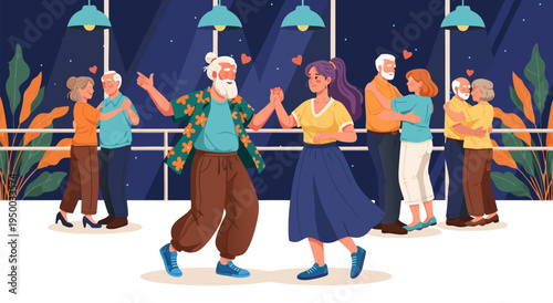 Senior Couple Dancing in a Ballroom Vector Illustration of a Romantic Evening with Multiple Couples