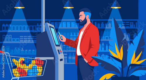 Vector illustration of a man using a self-checkout kiosk in a modern grocery store, concept of technology and convenience