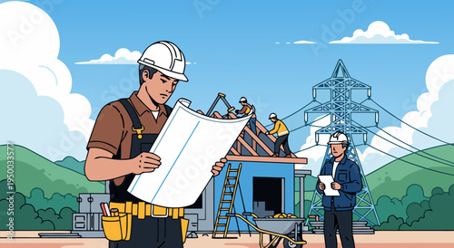 Construction Project Vector Illustration Showing Workers Building a House with Power Lines in Background