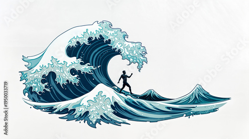 Japanese great wave illustration with tiny surfer minimalist ocean art