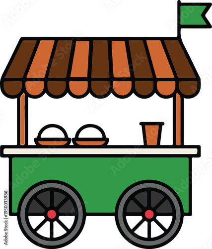 Colorful flat vector icon of a street food cart with a striped awning and green base for outdoor market festivals catering business symbols and mobile snack vendor stall graphic design assets
