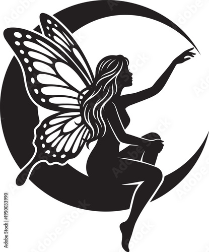 Enchanting black silhouette of a beautiful fairy with butterfly wings sitting on a crescent moon reaching for stars for fantasy storytelling magical world concepts and nursery wall art graphic vector