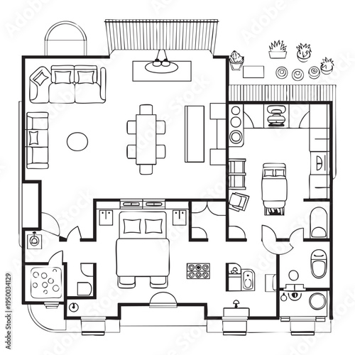 Black and white floor plan of a spacious apartment with multiple rooms and furniture living room