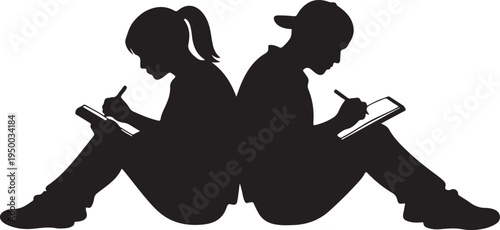 Silhouetted Kids Writing on Notebooks Sitting Back to Back Isolated on White