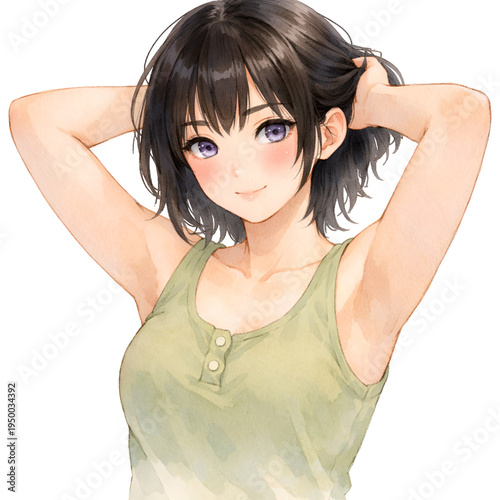 Smiling Anime Girl with Short Dark Hair Wearing an Olive Green Tank Top on transparent Background. Cheerful Manga Style Girl Enjoying a Summer Day design elements on transparent Background.