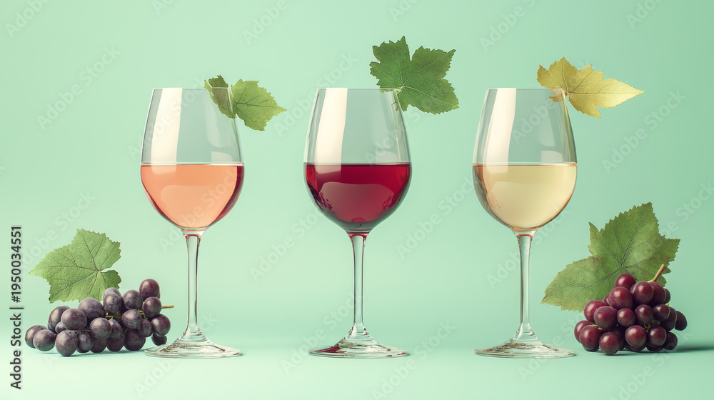 Obraz premium Red, White, and Rose Wine in Glasses with Grapes on Green