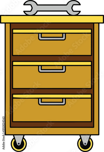 Bright yellow flat vector illustration of a rolling mechanical tool cabinet cart with multiple storage drawers and a silver wrench on top, perfect for garage, workshop, and industrial designs.