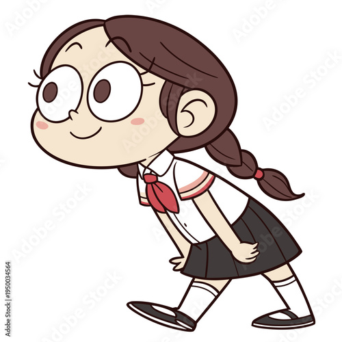 A girl with large, expressive eyes, rosy cheeks, and dark hair tied in a single braid.