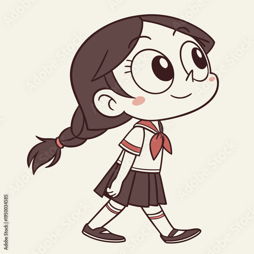 A schoolgirl with big, bright eyes and a cheerful smile. She has brown hair in two braids tied with red bands, wears a white shirt with red trim and necktie, a black pleated skirt, knee-high socks.
