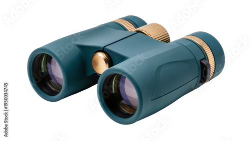 Isolated modern compact binoculars featuring teal green body and striking golden metallic details