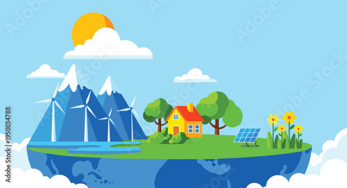 Renewable Energy Landscape Vector with Wind Turbines Solar Panels Eco Friendly Green Nature Illustration