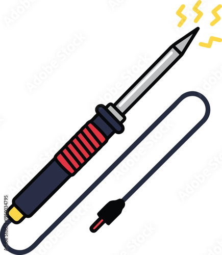 Detailed flat vector illustration of an electric soldering iron tool with a power cord and electrical sparks, designed for electronics repair, circuit board maintenance, and professional hardware work