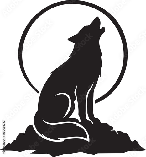 Majestic wild black wolf silhouette vector illustration sitting on a rocky hilltop and howling at a large full moon in the background, representing wilderness, nature, and nocturnal animal life.