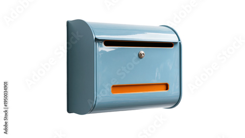 Photography Isolated modern light blue residential mailbox with orange mail slots and keyhol