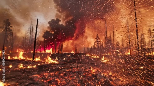 Video of Extreme Wildfire Landscape illustrating climate emergency, rising temperatures and ecological devastation for news media visuals and sustainability advocacy with intense natural forces theme;