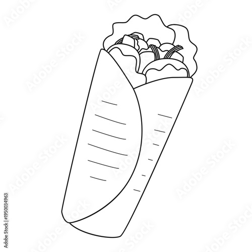 Shawarma or chicken wrap. Turkish fast food with meat and vegetables in pita bread, grill meal. Outline vector illustration isolated on a white background