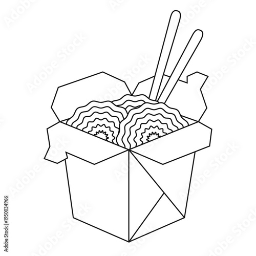 Asian noodles in a box with chopsticks. Traditional Chinese or Thai food delivery. Outline vector illustration isolated on a white background
