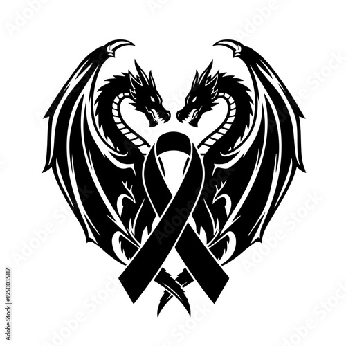 Symbolic Heart with Dragons and Black Ribbon representing loss and remembrance