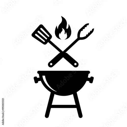 Stylized barbecue grill icon featuring crossed spatula and tongs with an active flame, symbolizing outdoor cooking fun and summer gatherings