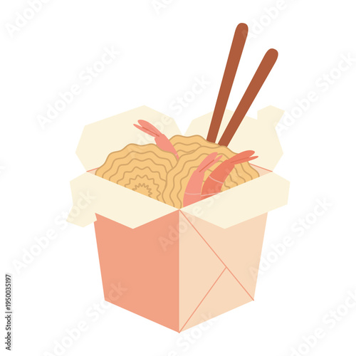 Asian noodles with shrimps in a box with chopsticks. Traditional Chinese or Thai food delivery. Flat color vector illustration isolated on a white background